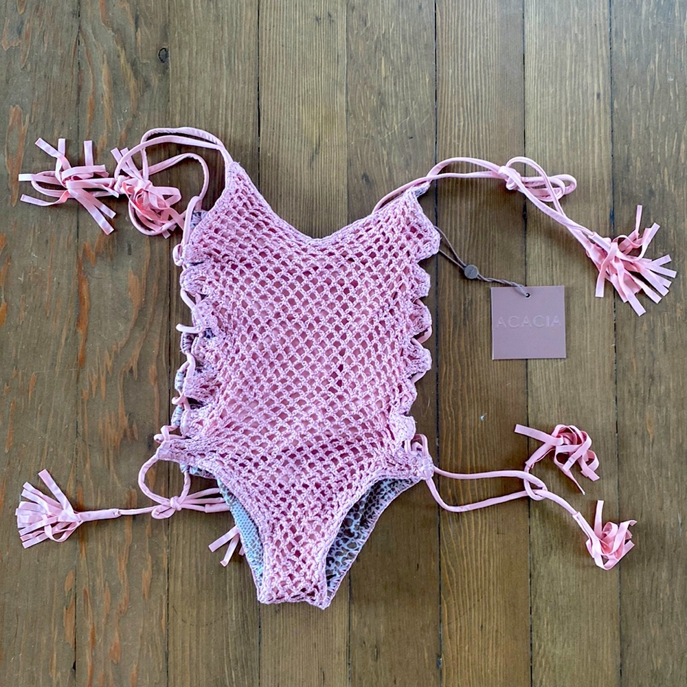 Acacia Honey Florence Crochet one piece swimsuit. Girls XXL. Pink Lemonade